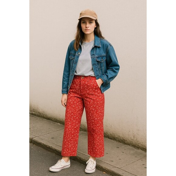 Evan-Picone Pants - Evan-Picone Red Floral Twill Pants – Size 12 – 100% Cotton – Cropped Length – Vi